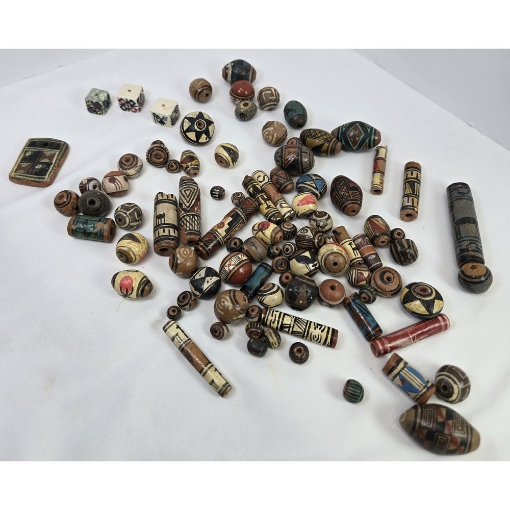 Vintage Tribal Hand Painted Clay Beads Lot African Ethnic Pottery Jewelry Craft